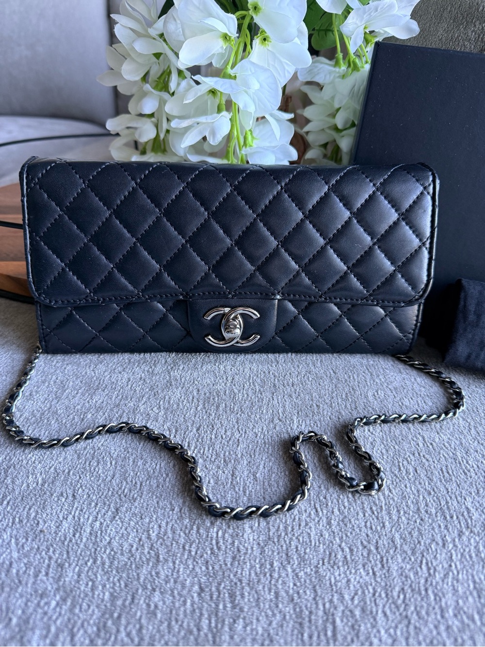 CHANEL Black Quilted Lambskin East West Shoulder Bag / Wallet on Chain